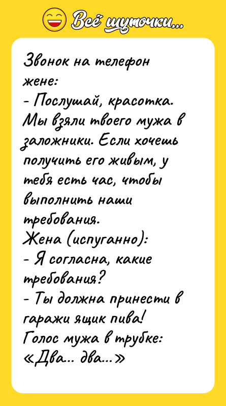 Звонок на телефон жене: - Послушай, красотка. Мы взяли