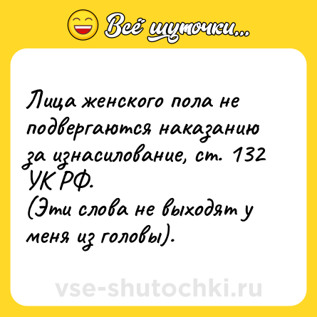 Шутка: Лица женского пола не подвергаются наказанию за изнасилование, ст. 132 УК РФ.(Эти слова не выходят у меня из головы).