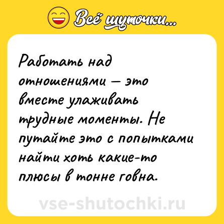Шутка: Работать над отношениями — это вместе улаживать трудные моменты. Не путайте это с попытками найти хоть какие-то плюсы в тонне говна.