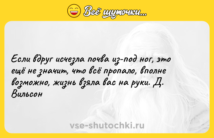 Цитата: Если вдруг исчезла почва из-под ног, это ещё не значит, что всё пропало, вполне возможно, жизнь взяла вас на руки. Д. Вильсон