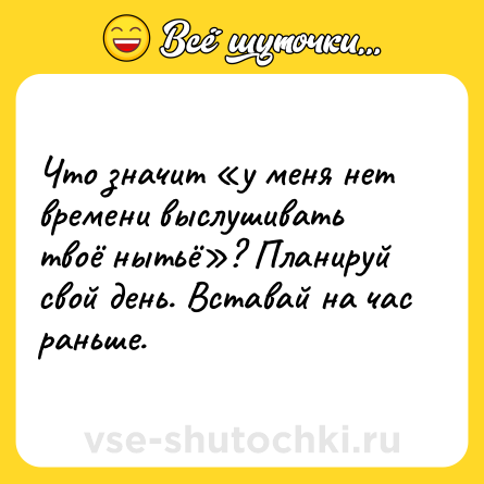 Шутка: Что значит «у меня нет времени выслушивать твоё нытьё»? Планируй свой день. Вставай на час раньше.
