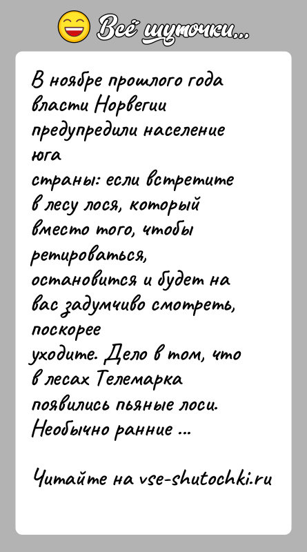 История: В ноябре прошлого года власти Норвегии предупредили население югастраны: если встретите в лесу лося, который вместо того, чтобыретироваться, остановится и