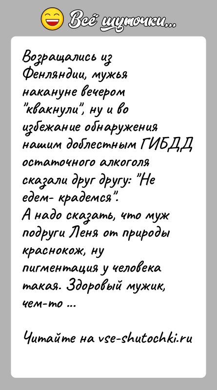 История: Возращались из Фенляндии, мужья накануне вечером квакнули , ну и воизбежание обнаружения нашим доблестным ГИБДД остаточного алкоголясказали друг другу: Не едем-