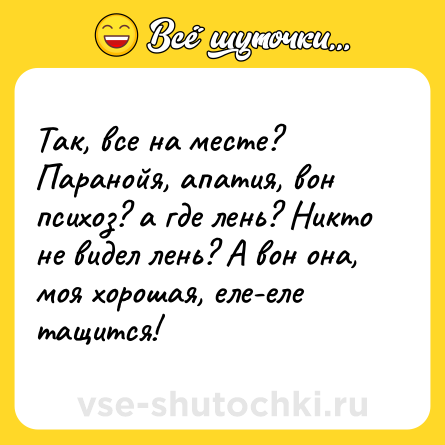 Шутка: Так, все на месте? Паранойя, апатия, вон психоз? а где лень? Никто не видел лень? А вон она, моя хорошая, еле-еле тащится!
