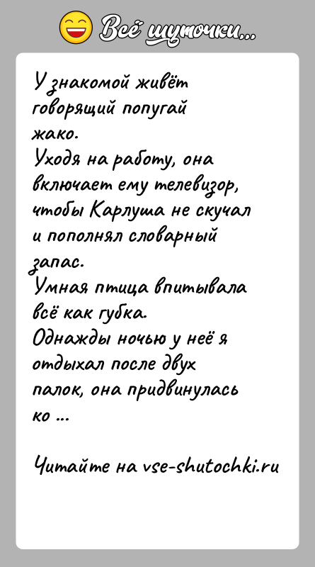 История: У знакомой живёт говорящий попугай жако. Уходя на работу, она включает ему телевизор, чтобы Карлуша не скучал и пополнял словарный запас. Умная