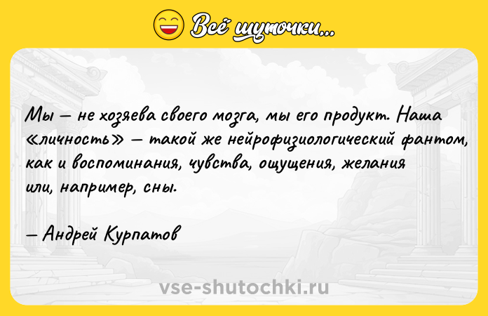 Цитата: Мы не хозяева своего мозга, мы его продукт. Наша личность такой же нейрофизиологический фантом, как и воспоминания, чувства, ощущения, желания или, например, сны. Андрей Курпатов