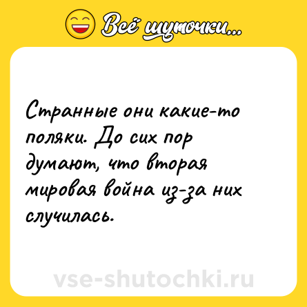 Шутка: Странные они какие-то поляки. До сих пор думают, что вторая мировая война из-за них случилась.