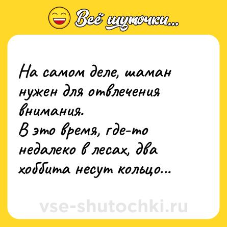 Шутка: На самом деле, шаман нужен для отвлечения внимания.<br>В это время, где-то недалеко в лесах, два хоббита несут кольцо...