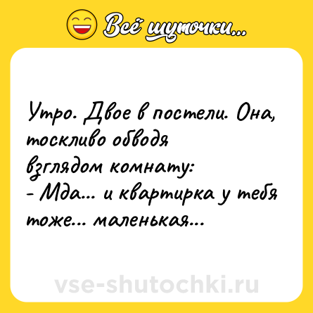 Шутка: Утро. Двое в постели. Она, тоскливо обводя взглядом комнату:<br>- Мда... и квартирка у тебя тоже... маленькая...