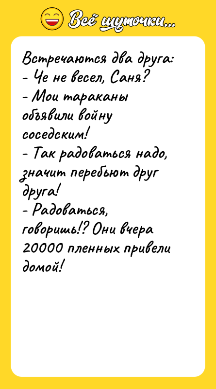 Встречаются два друга: - Че не весел, Саня? - Мои