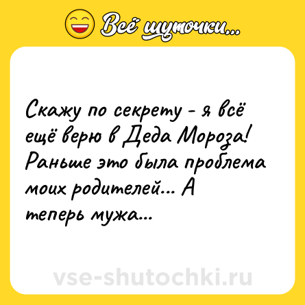 Шутка: Скажу по секрету - я всё ещё верю в Деда Мороза! Раньше это была проблема моих родителей... А теперь мужа...