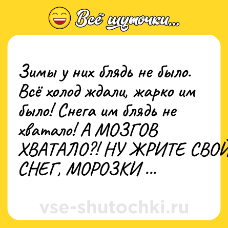 Шутка: Зимы у них блядь не было. Всё холод ждали, жарко им было! Снега им блядь не хватало! А МОЗГОВ ХВАТАЛО?! НУ ЖРИТЕ СВОЙ СНЕГ, МОРОЗКИ ХУЕВЫ!