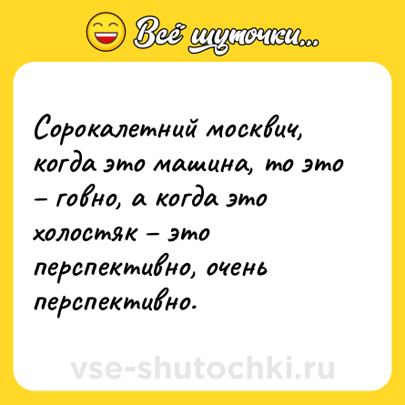 Шутка: Сорокалетний москвич, когда это машина, то это – говно, а когда это холостяк – это перспективно, очень перспективно.