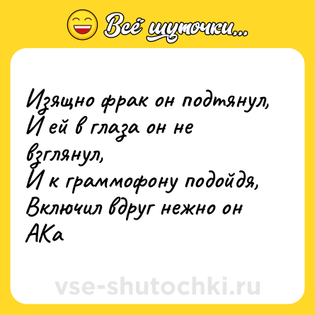 Шутка: Изящно фрак он подтянул, <br>И ей в глаза он не взглянул, <br>И к граммофону подойдя, <br>Включил вдруг нежно он <br>АКа