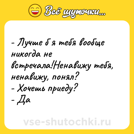 Шутка: - Лучше б я тебя вообще никогда не встречала!Ненавижу тебя, ненавижу, понял?  <br>- Хочешь приеду?  <br>- Да