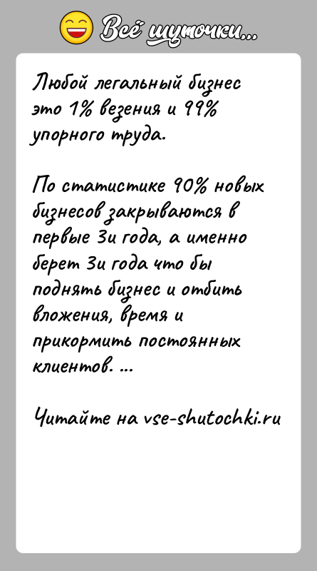 История: Любой легальный бизнес это 1 везения и 99 упорного труда. По статистике 90 новых бизнесов закрываются в первые 3и года,
