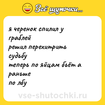 Шутка: я черенок спилил у граблей<br>решил перехитрить судьбу<br>теперь по яйцам бьёт а раньше<br>по лбу