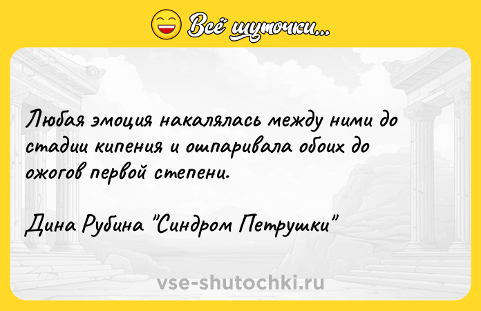 Цитата: Любая эмоция накалялась между ними до стадии кипения и ошпаривала обоих до ожогов первой степени.Дина Рубина Синдром Петрушки