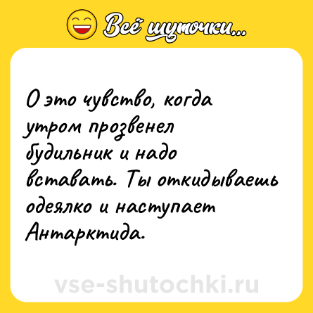 Шутка: О это чувство, когда утром прозвенел будильник и надо вставать. Ты откидываешь одеялко и наступает Антарктида.