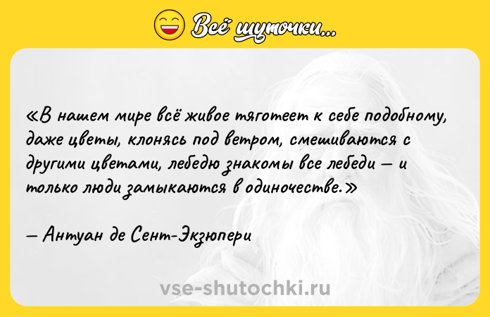 Цитата: В нашем мире всё живое тяготеет к себе подобному, даже цветы, клонясь под ветром, смешиваются с другими цветами, лебедю знакомы все лебеди и только люди замыкаются в одиночестве.Антуан де Сент-Экзюпери