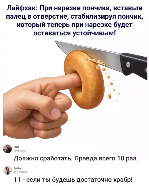 Лайфхак на миллион или как не отрезать палец 🍩🔪 - Лайфхак: При нарезке пончика, вставьте палец в отверстие, стабилизируя пончик,