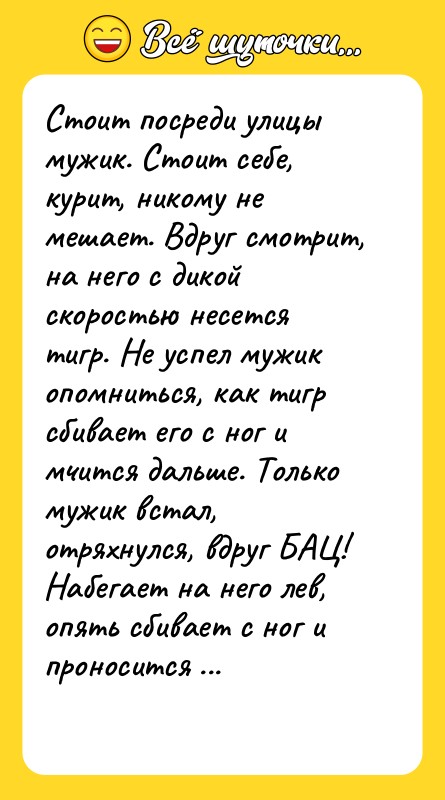 Стоит посреди улицы мужик. Стоит себе, курит, никому не мешает.