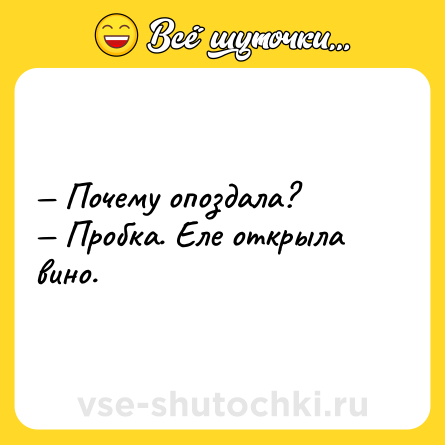 Шутка: — Почему опоздала? <br>— Пробка. Еле открыла вино.