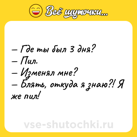 Шутка: — Где ты был 3 дня? <br>— Пил.<br>— Изменял мне?<br>— Блять, откуда я знаю?! Я же пил!