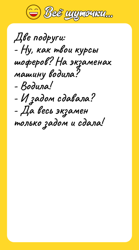 Две подруги: - Ну, как твои курсы шоферов? На экзаменах