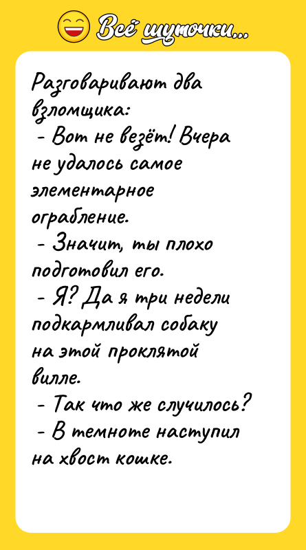 Разговаривают два взломщика:  - Вот не везёт! Вчера не