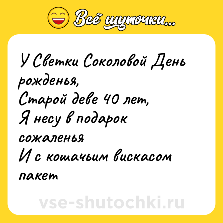 Шутка: У Светки Соколовой День рожденья, <br>Старой деве 40 лет, <br>Я несу в подарок сожаленья <br>И с кошачьим вискасом пакет