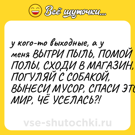 Шутка: у кого-то выходные, а у меня ВЫТРИ ПЫЛЬ, ПОМОЙ ПОЛЫ, СХОДИ В МАГАЗИН, ПОГУЛЯЙ С СОБАКОЙ, ВЫНЕСИ МУСОР, СПАСИ ЭТОТ МИР, ЧЁ УСЕЛАСЬ?!