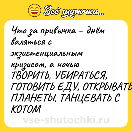 Шутка: Что за привычка – днём валяться с экзистенциальным кризисом, а ночью ТВОРИТЬ, УБИРАТЬСЯ, ГОТОВИТЬ ЕДУ, ОТКРЫВАТЬ ПЛАНЕТЫ, ТАНЦЕВАТЬ С КОТОМ