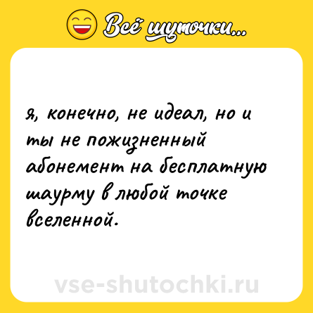 Шутка: я, конечно, не идеал, но и ты не пожизненный абонемент на бесплатную шаурму в любой точке вселенной.