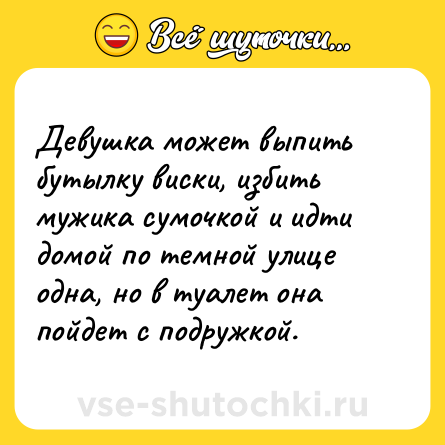 Шутка: Девушка может выпить бутылку виски, избить мужика сумочкой и идти домой по темной улице одна, но в туалет она пойдет с подружкой.