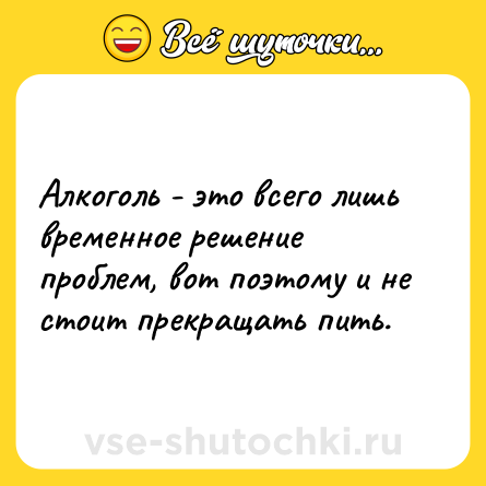 Шутка: Алкоголь - это всего лишь временное решение проблем, вот поэтому и не стоит прекращать пить.