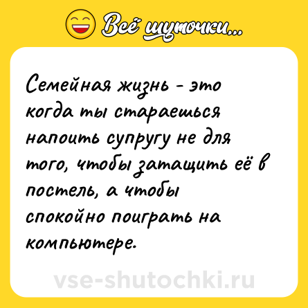 Шутка: Семейная жизнь - это когда ты стараешься напоить супругу не для того, чтобы затащить её в постель, а чтобы спокойно поиграть на компьютере.