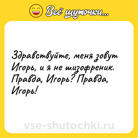 Шутка: Здравствуйте, меня зовут Игорь, и я не шизофреник. Правда, Игорь? Правда, Игорь!