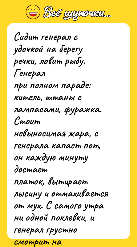 Сидит генерал с удочкой на берегу речки, ловит рыбу. Генерал