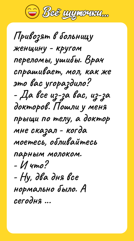 Привозят в больницу женщину - кругом переломы, ушибы. Врач спрашивает,