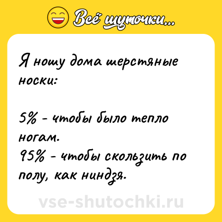 Шутка: Я ношу дома шерстяные носки:<br><br>5% - чтобы было тепло ногам. <br>95% - чтобы скользить по полу, как ниндзя.