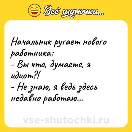 Шутка: Начальник ругает нового работника:<br>- Вы что, думаете, я идиот?!<br>- Не знаю, я ведь здесь недавно работаю...