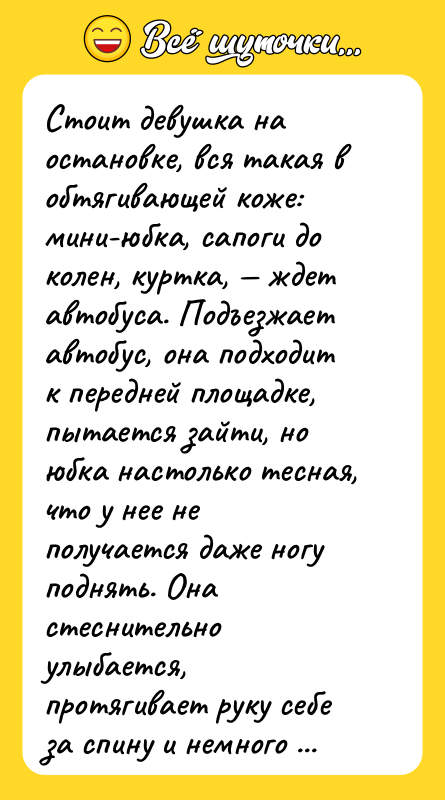 Стоит девушка на остановке, вся такая в обтягивающей коже: мини-юбка,