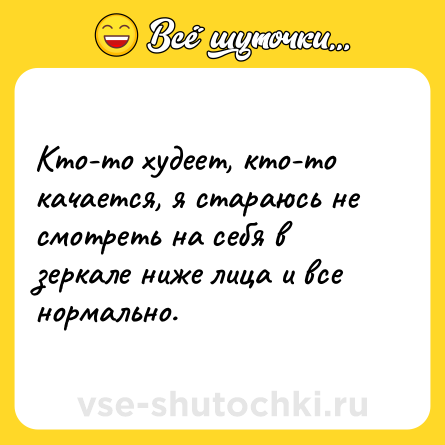 Шутка: Кто-то худеет, кто-то качается, я стараюсь не смотреть на себя в зеркале ниже лица и все нормально.