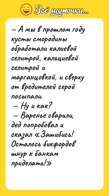 — А мы в прошлом году кусты смородины обработали калиевой