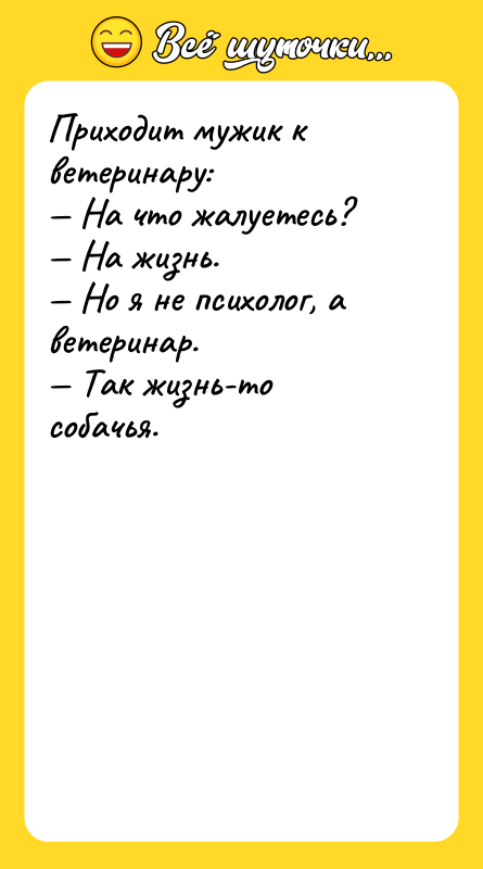 Приходит мужик к ветеринару:<br/>— На что жалуетесь?<br/>— На жизнь.<br/>— Но