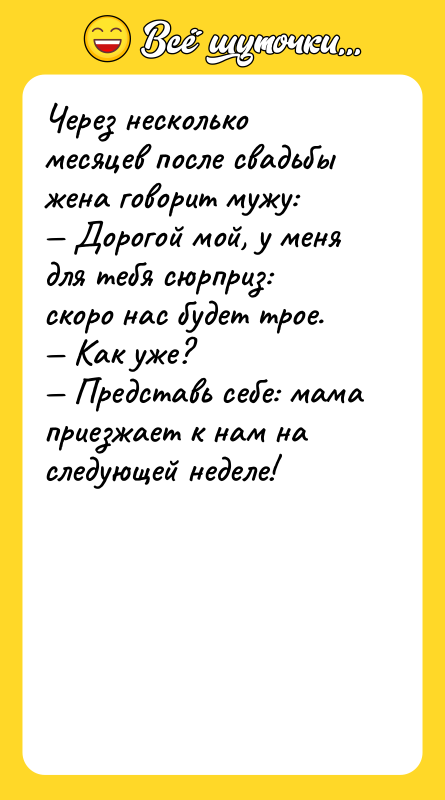 Через несколько месяцев после свадьбы жена говорит мужу:<br/>— Дорогой мой,