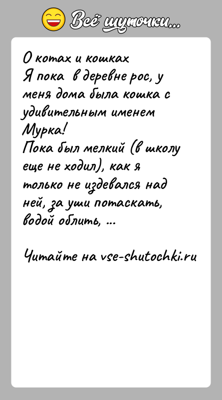 История: О котах и кошкахЯ пока в деревне рос, у меня дома была кошка с удивительным именем Мурка!Пока был мелкий