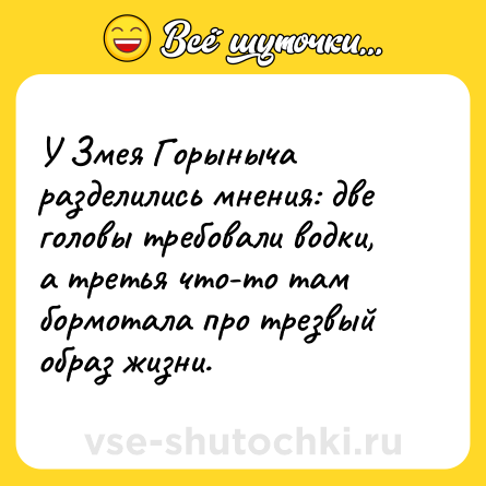 Шутка: У Змея Горыныча разделились мнения: две головы требовали водки, а третья что-то там бормотала про трезвый образ жизни.