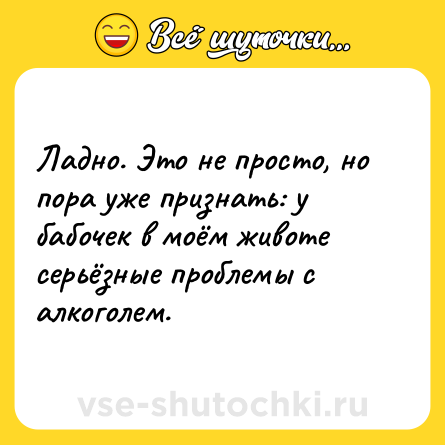 Шутка: Ладно. Это не просто, но пора уже признать: у бабочек в моём животе серьёзные проблемы с алкоголем.
